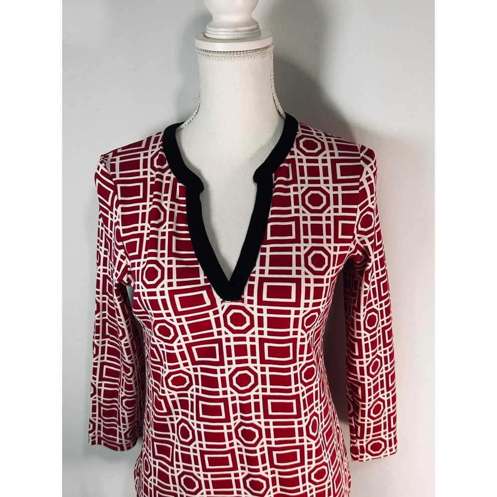 Rafaella Womens Red White Geometric Print Split V-Neck Cotton Knit Top Small - Picture 3 of 9